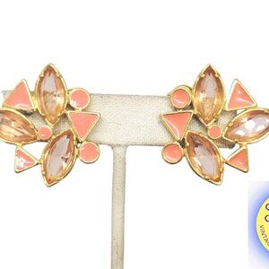 Vintage Signed Yves Saint Laurent Coral Enamel Pink Rhinestones Clip Earrings